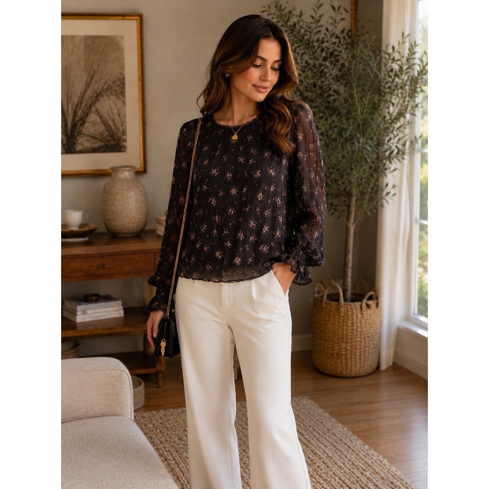 Elegant Black Chiffon Ruffle Top Blouse S/4/6 Career Cocktail Classy‎ Old Money